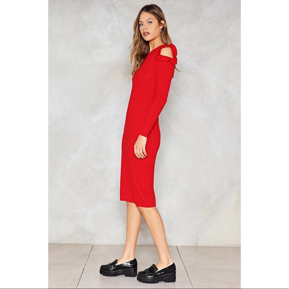 Red Ribbed Bodycon Cold Shoulder Ruffle Dress - Picture 2 of 3